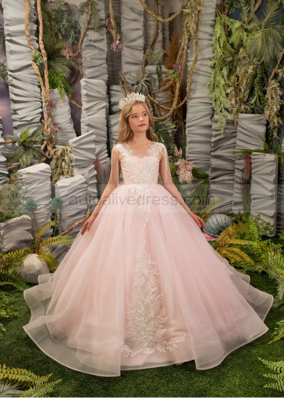 Beaded Ivory Lace Blush Pink Tulle Fringe Flower Girl Dress